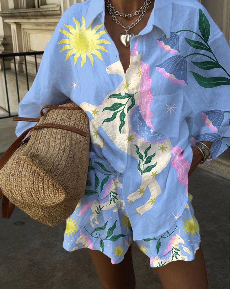 Fantasy Unicorn Blue Print Casual Two-Piece Set