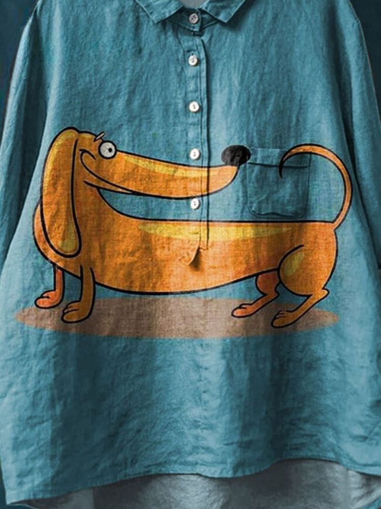 Vintage Lovely Dachshund Art Print Casual Cotton And Linen Shirt