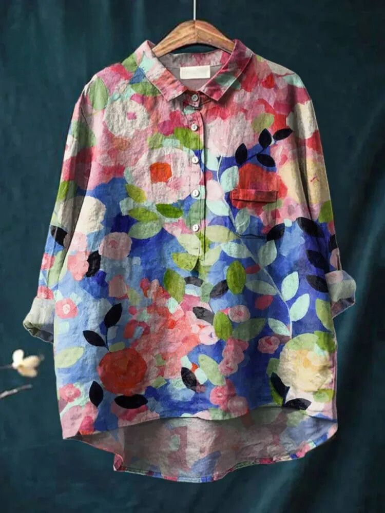 Women's Vintage Lovely Floral Art Print Casual Cotton And Linen Shirt