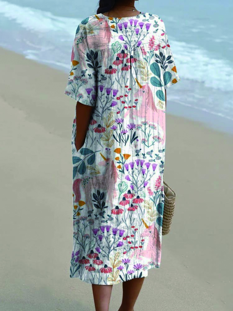 Women's Vintage Cute Horses Floral Art Print Casual Flowy Dress