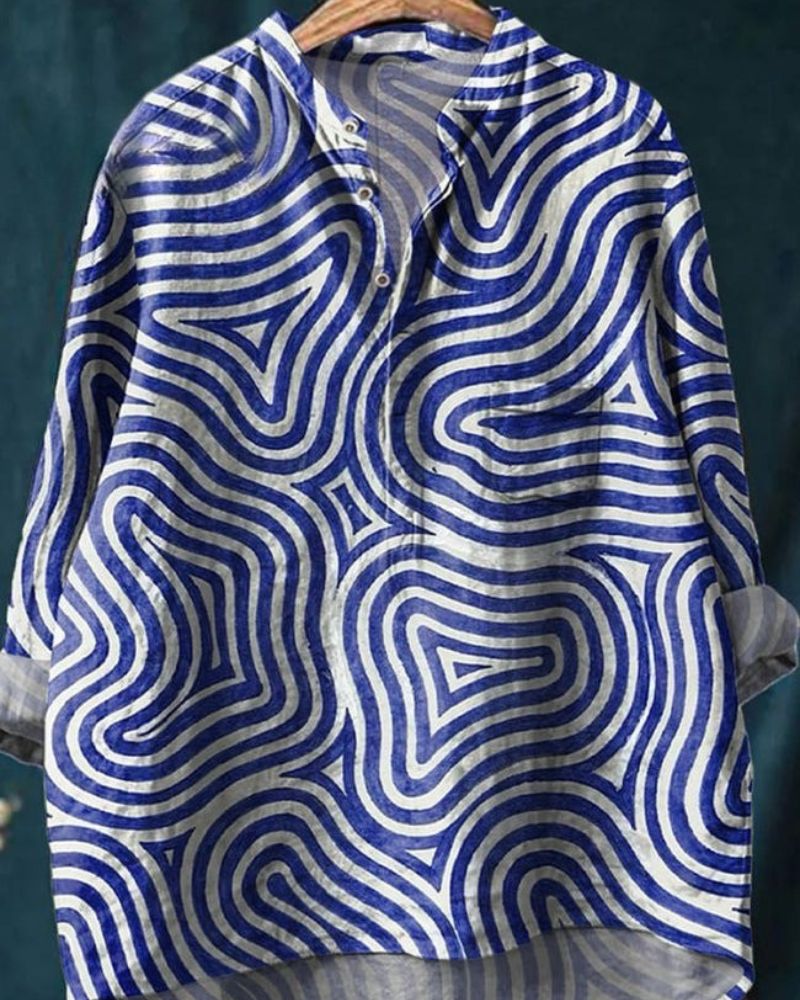 Abstract Swirl Pattern Printed Women's Casual Long Sleeve Comfortable Cotton Shirt