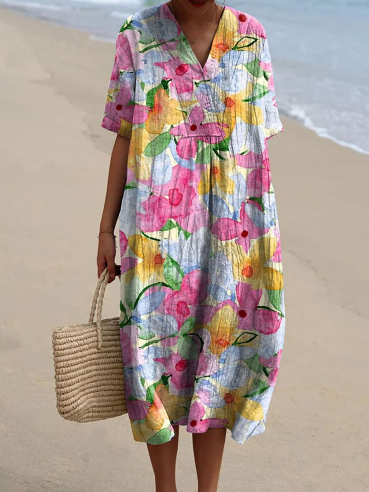 Women's Flower Watercolor Splash Fluid Art Print Flowy Dress