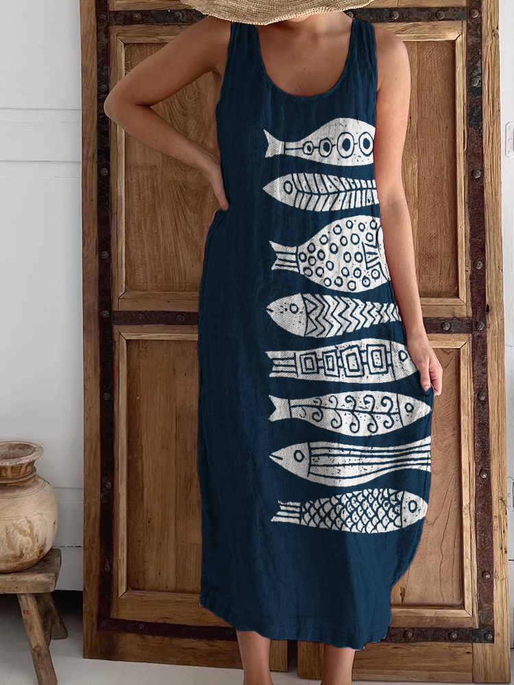 Fish Japanese Lino Art Linen Blend Tank Dress