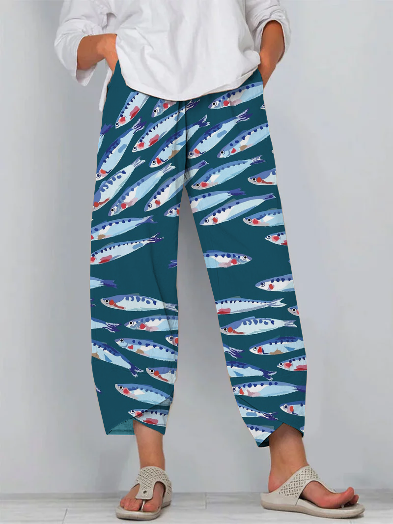 Japanese Red Sardines Art Print Cropped Pants