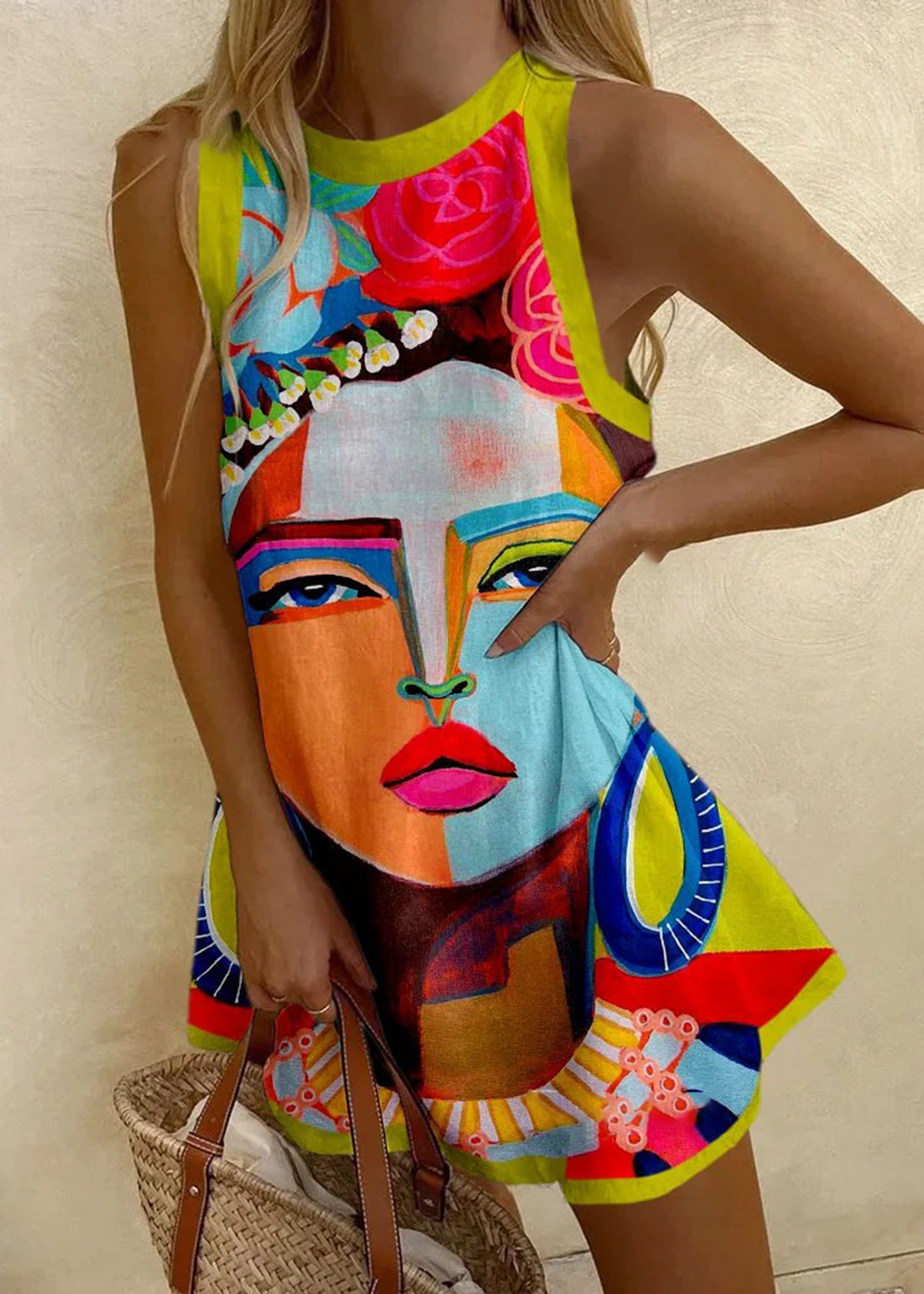 Vintage Elegance Goddess Print Mini Dress