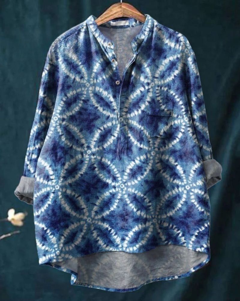 Geometric Shibori Tie Dye Pattern Printed Women's Casual Long Sleeve Comfortable Cotton Shirt