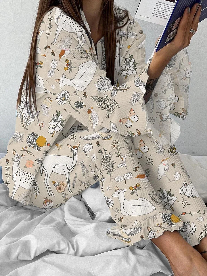 Women's Elegant Animal Plant Flower Print Long Sleeve Homewear Set