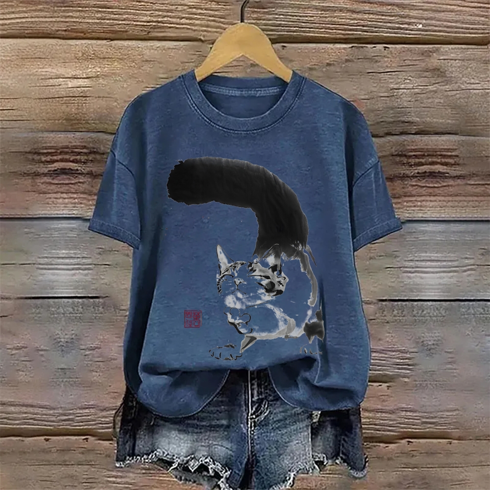 Cotton Contented Cat Ink Art Print T-shirt
