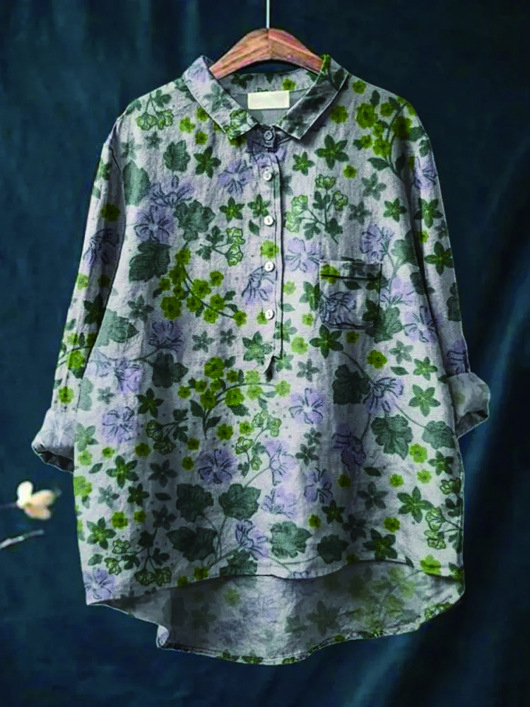 Sweet Retro Floral Garden Pattern Printed Women's Casual Cotton And Linen Shirt