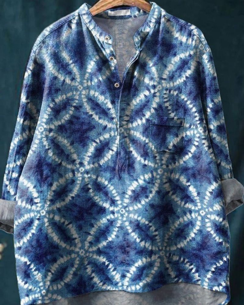 Geometric Shibori Tie Dye Pattern Printed Women's Casual Long Sleeve Comfortable Cotton Shirt