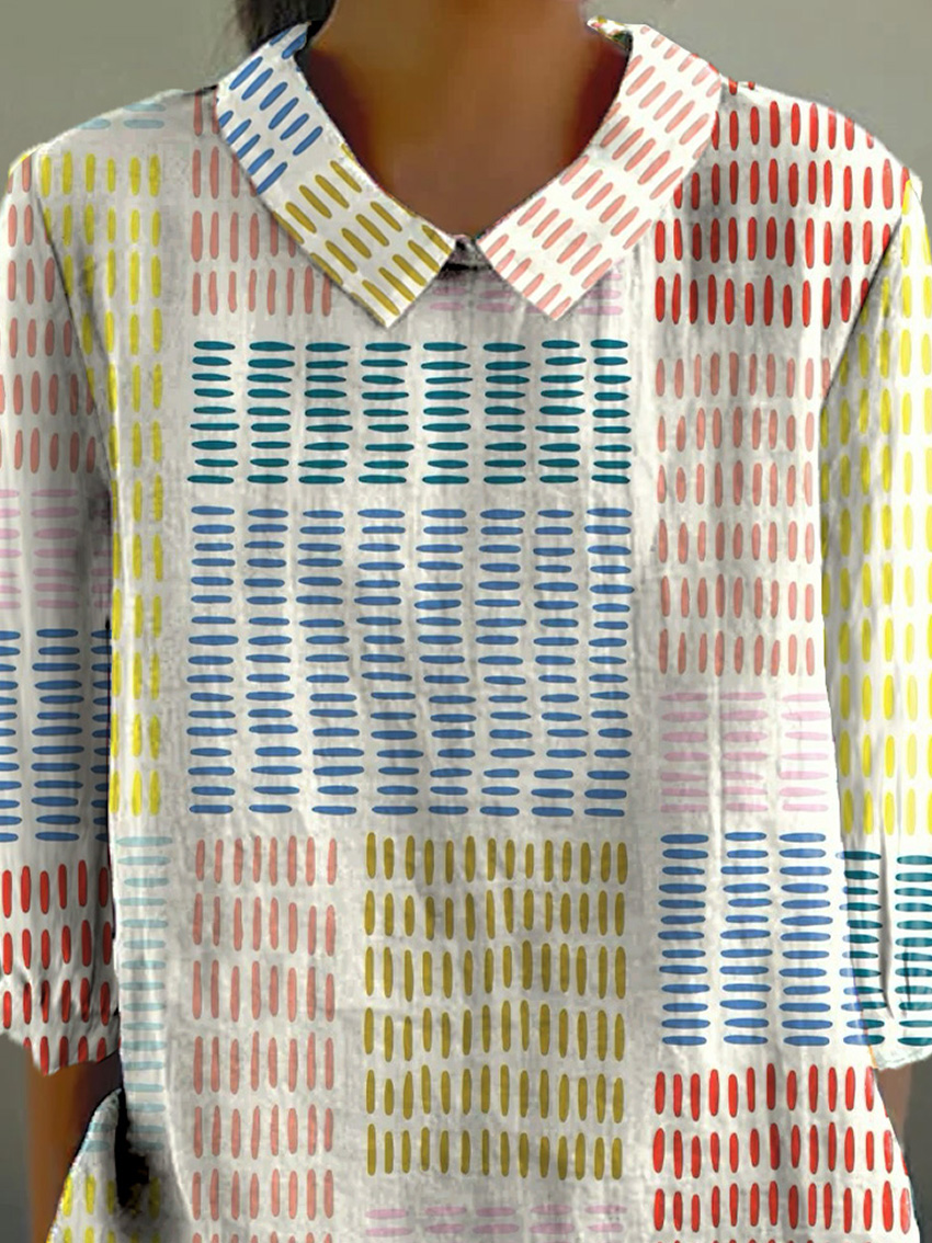 Multicolor Geometric Pattern Printed Women's Casual 3/4 Sleeve Shirt