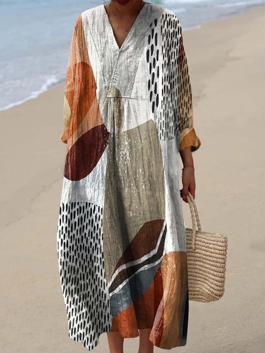 Women's Vintage Abstract Color Block Art Print Flowy Dress