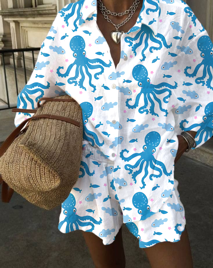 Women's Cartoon Octopus Fish Printed Casual Two-Piece Set