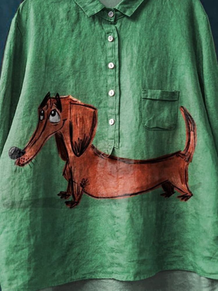 Vintage Lovely Dachshund Art Print Casual Cotton And Linen Shirt
