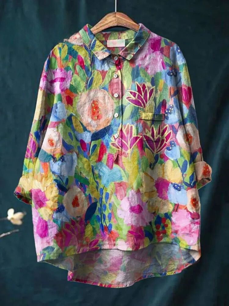 Women's Colorful Flower Print Casual Cotton And Linen Shirt