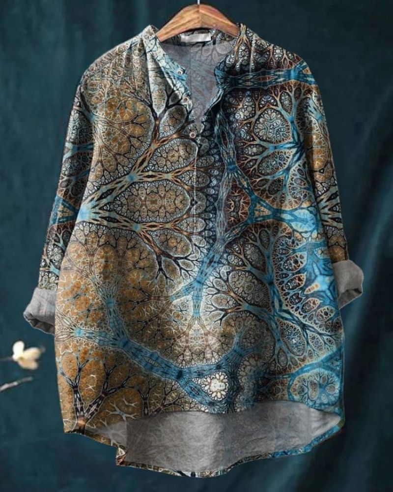 Ethnic Abstract Art Printed Women's Casual Long Sleeve Comfortable Cotton Shirt