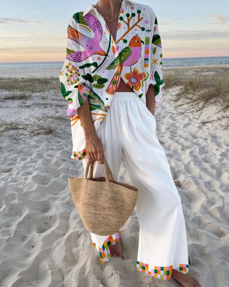 Two-Piece Bird Print Shirt & Pants Set
