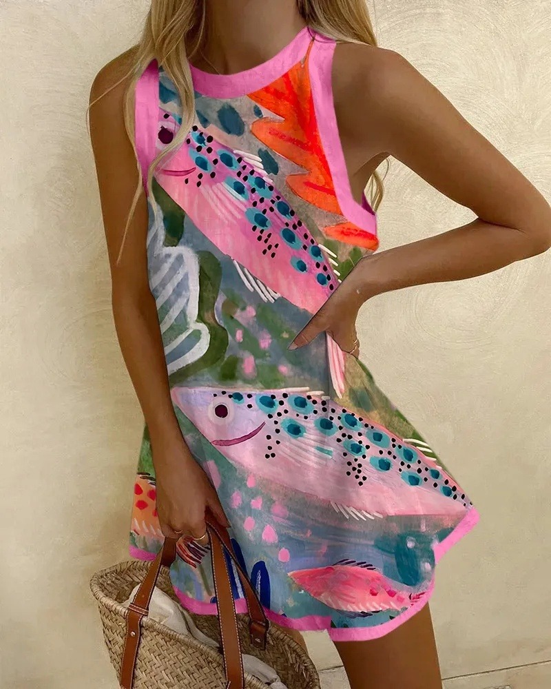 Bottom Fish Print Sleeveless Mini Dress