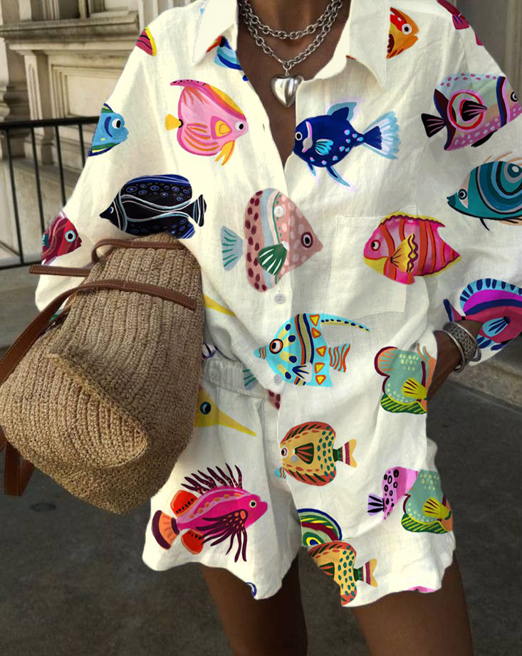 Cartoon Colorful Fish Printed Casual Two-Piece Set