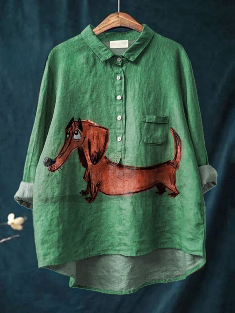 Vintage Lovely Dachshund Art Print Casual Cotton And Linen Shirt