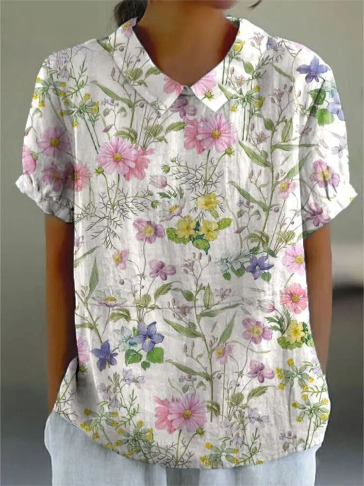 Women's Vintage Lovely Floral Art Print Casual Cotton And Linen Shirt