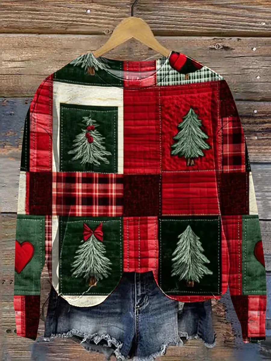 Vintage Christmas Patchwork Art Print Casual Sweatshirt