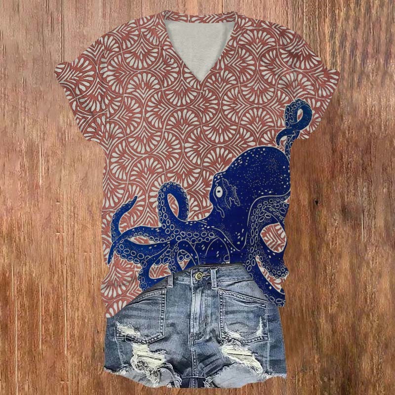 Japanese Style Octopus Art Print V-Neck T-Shirt
