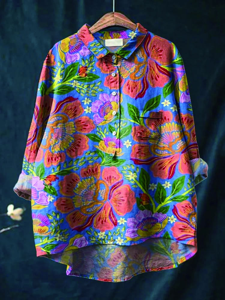 Women's Vintage Lovely Floral Art Print Casual Cotton And Linen Shirt