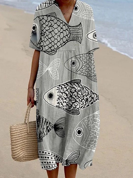Women's Retro Japanese Fish Art Pattern Linen Blend Dress