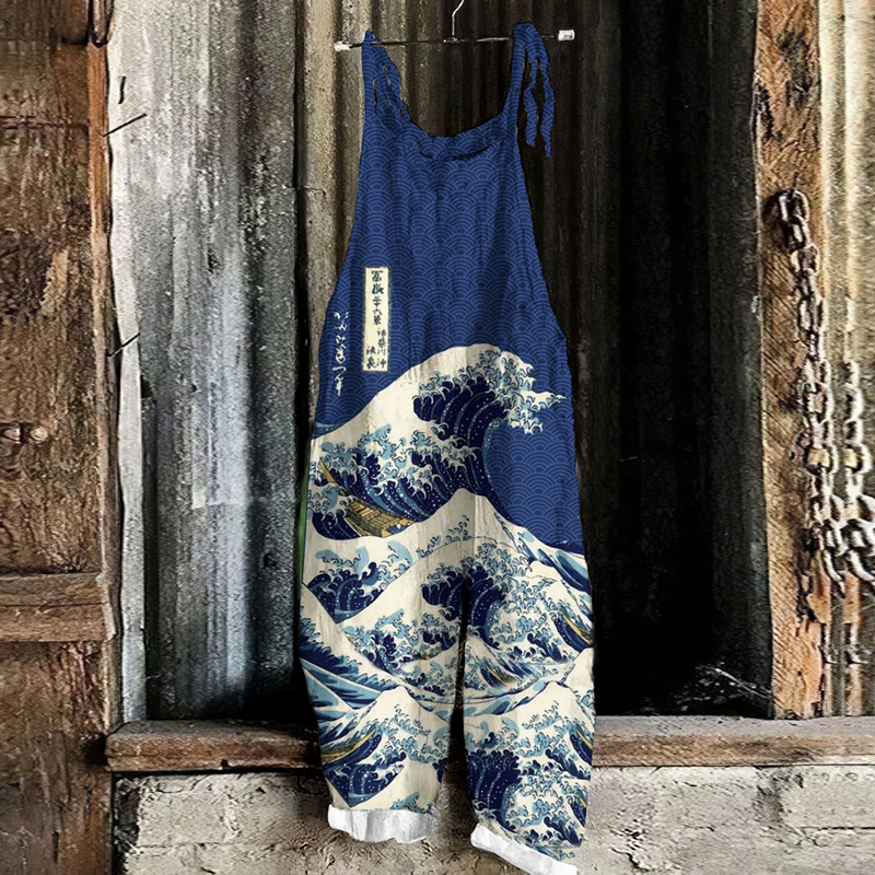 Vintage Japanese Art Sea Print Loose Casual Jumpsuit