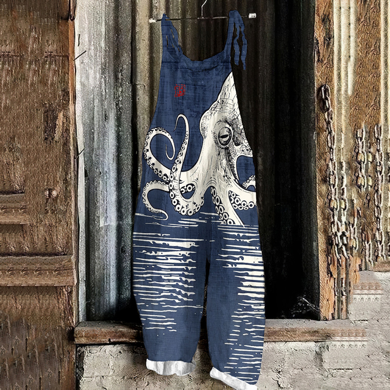 Japanese Art Vintage Octopus Graphic Sea World Painting Art Loose Jumpsuit