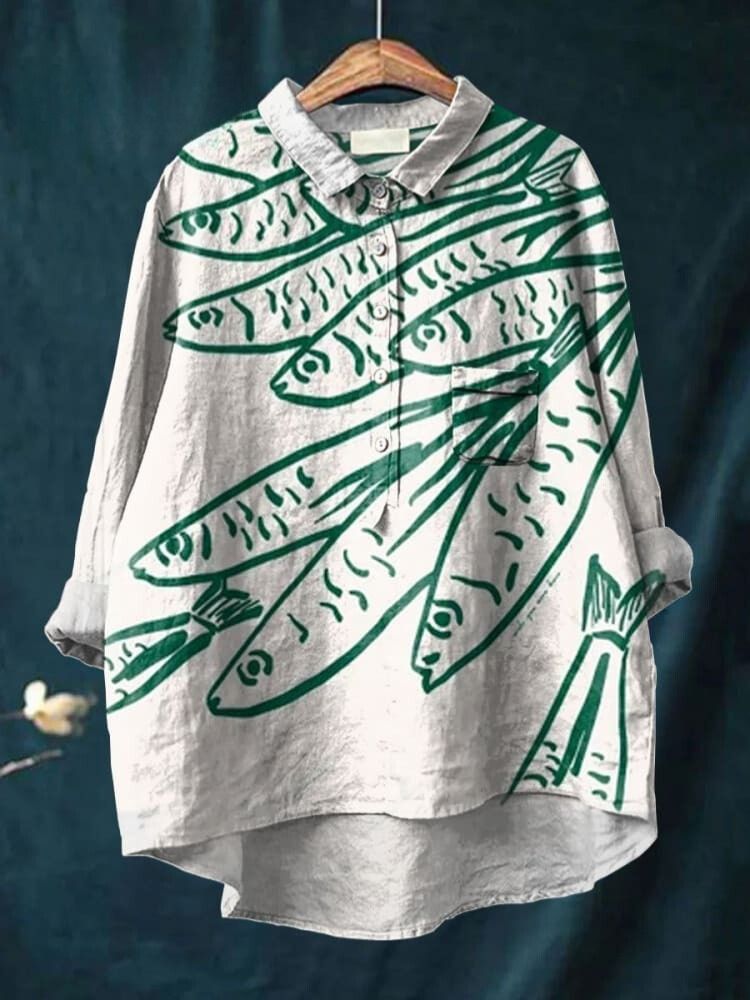 Fish Art Print Casual Cotton And Linen Shirt