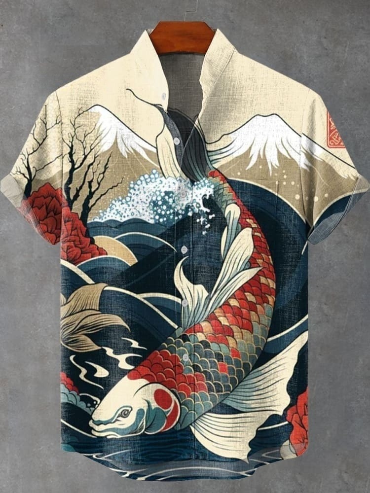 Vintage Japan Ukiyo-e Koi Art Print Casual Shirt