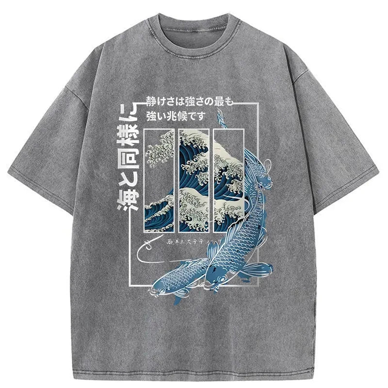 Ukiyoe Waves And Fish Washed T-Shirt