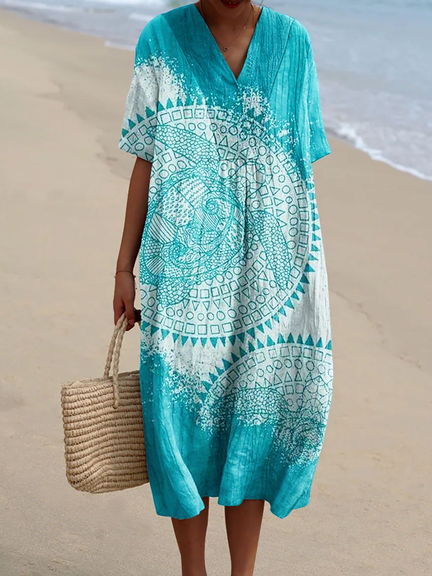 Women's Vintage Ocean Turtle Art Print Flowy Dress