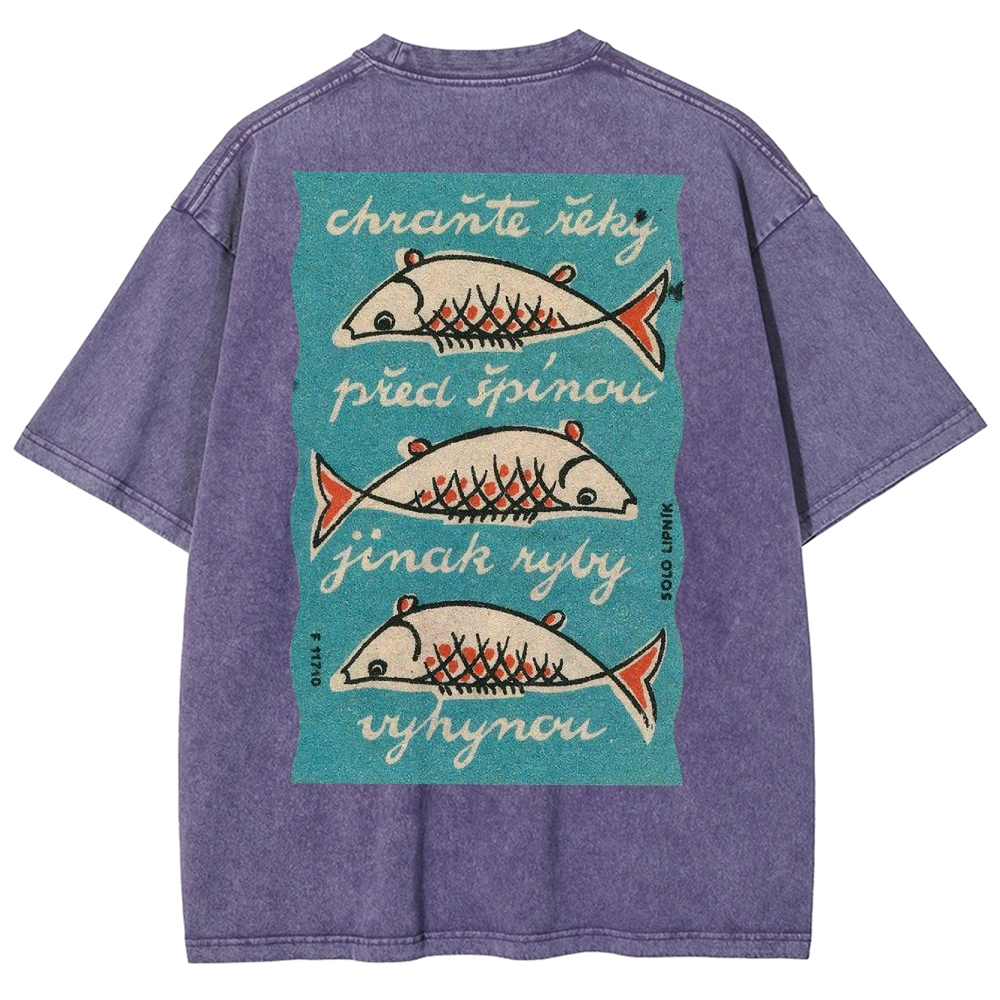 Fishes Pattern Printed Washed Vintage Short Sleeves T-Shirt