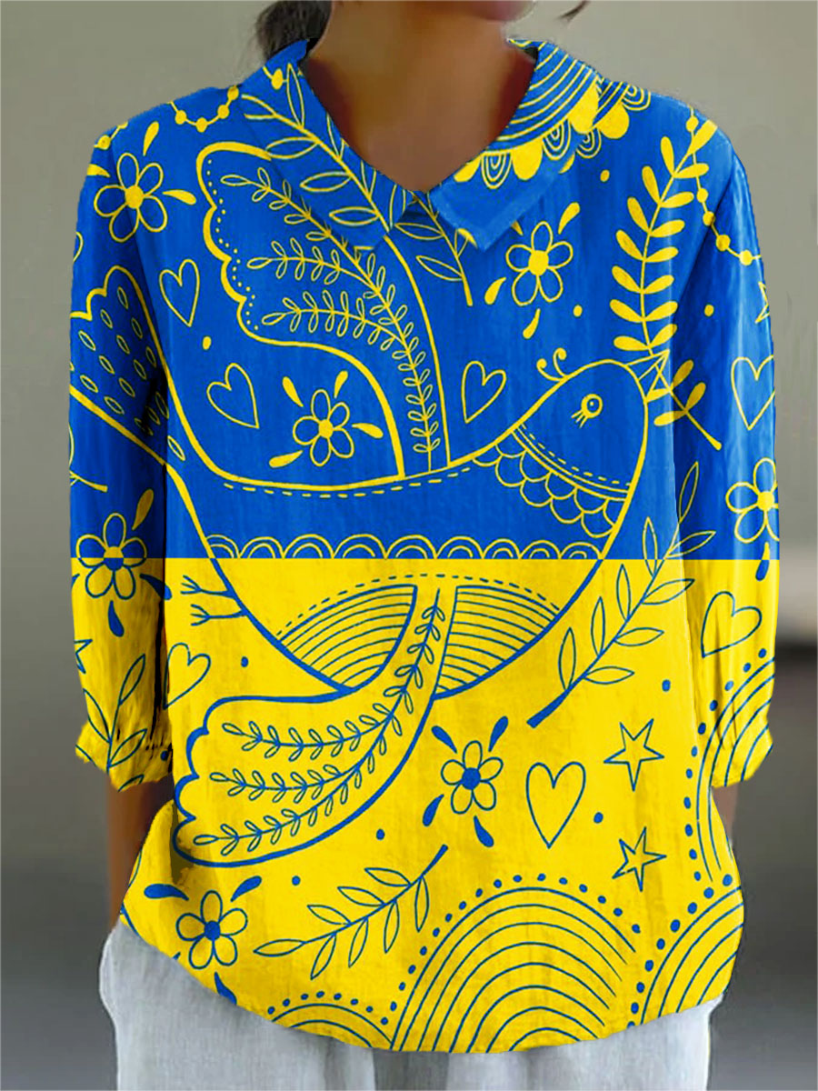 Women's Vintage Ukrainian Peace Dove Flower Art Print Casual 3/4 Sleeve Shirt