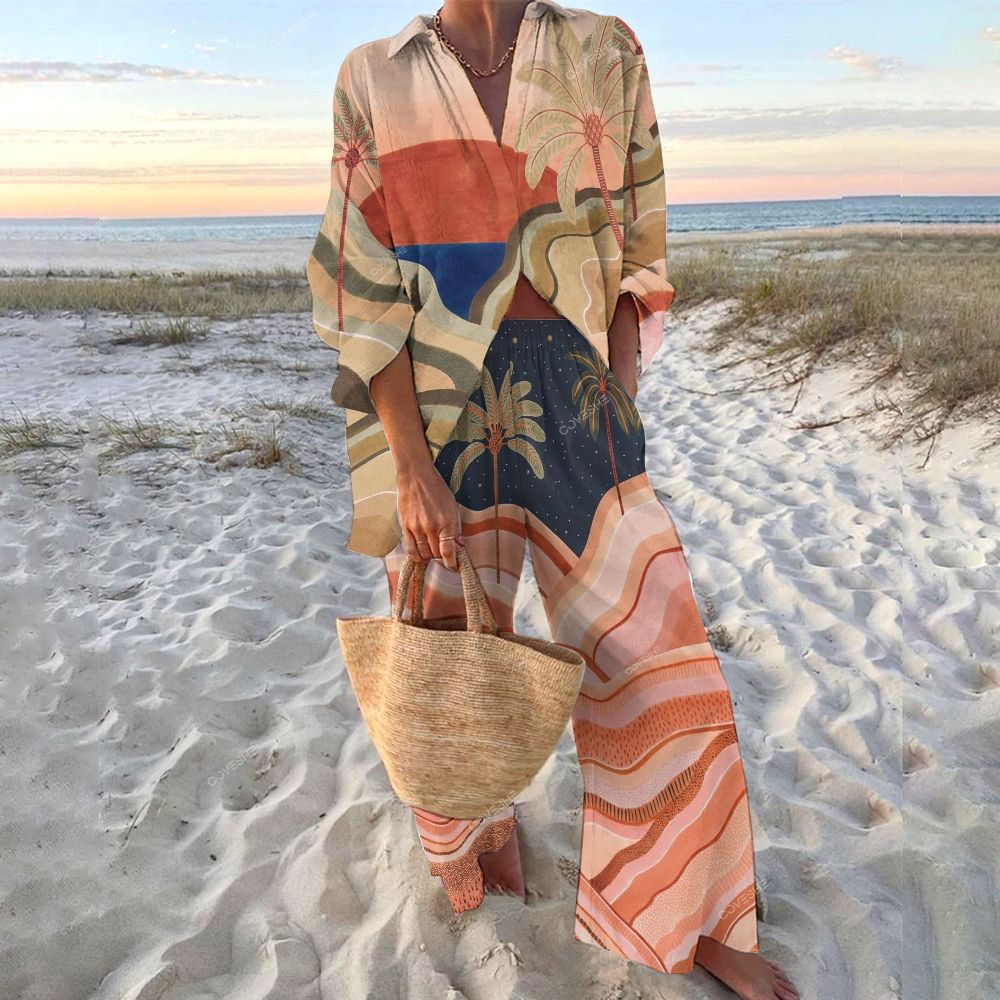 Sunset Palms Print Relaxed Two-Piece Set