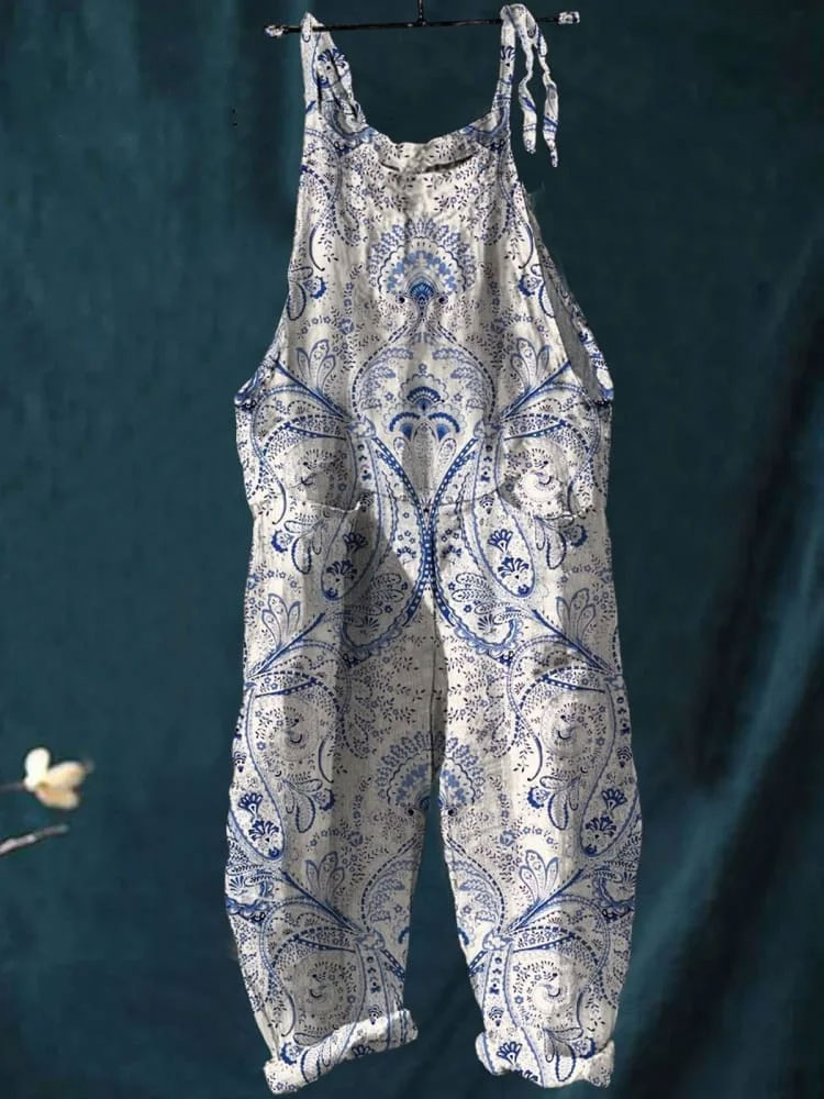 Women's Vintage Lovely Floral Art Print Casual 100% Cotton Wide Leg Jumpsuit