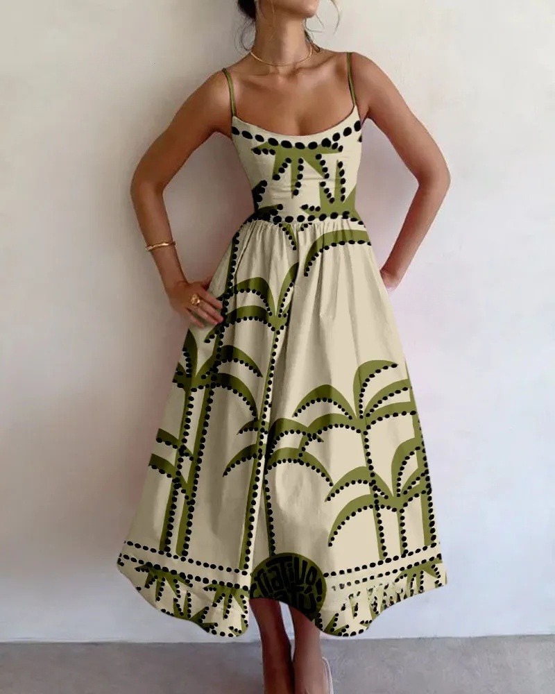 Summer Coconut Tree Printed Sling Dress