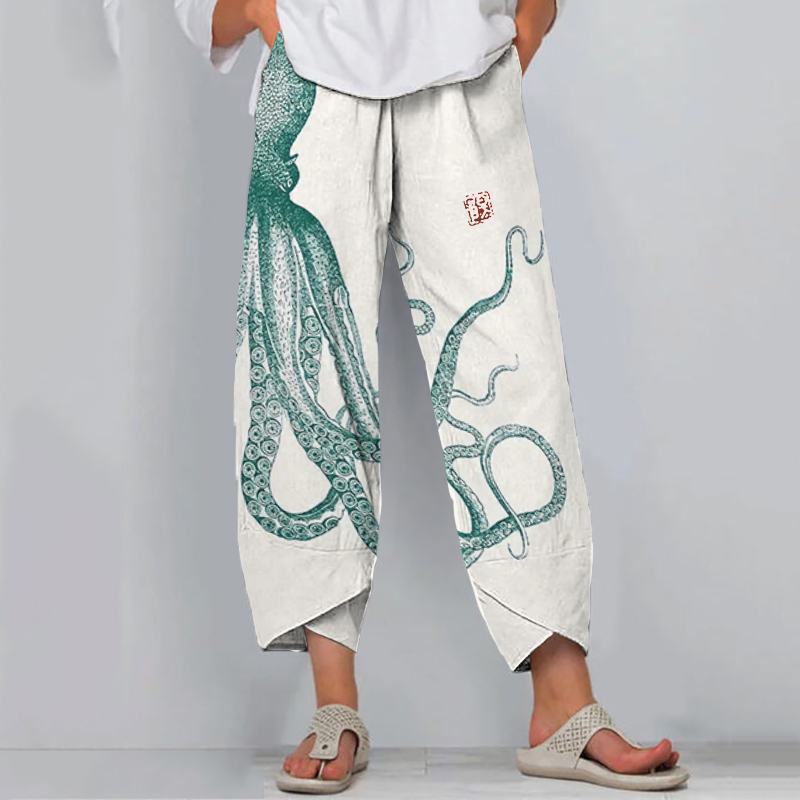 Japanese Art Octopus Print Loose Casual Pants