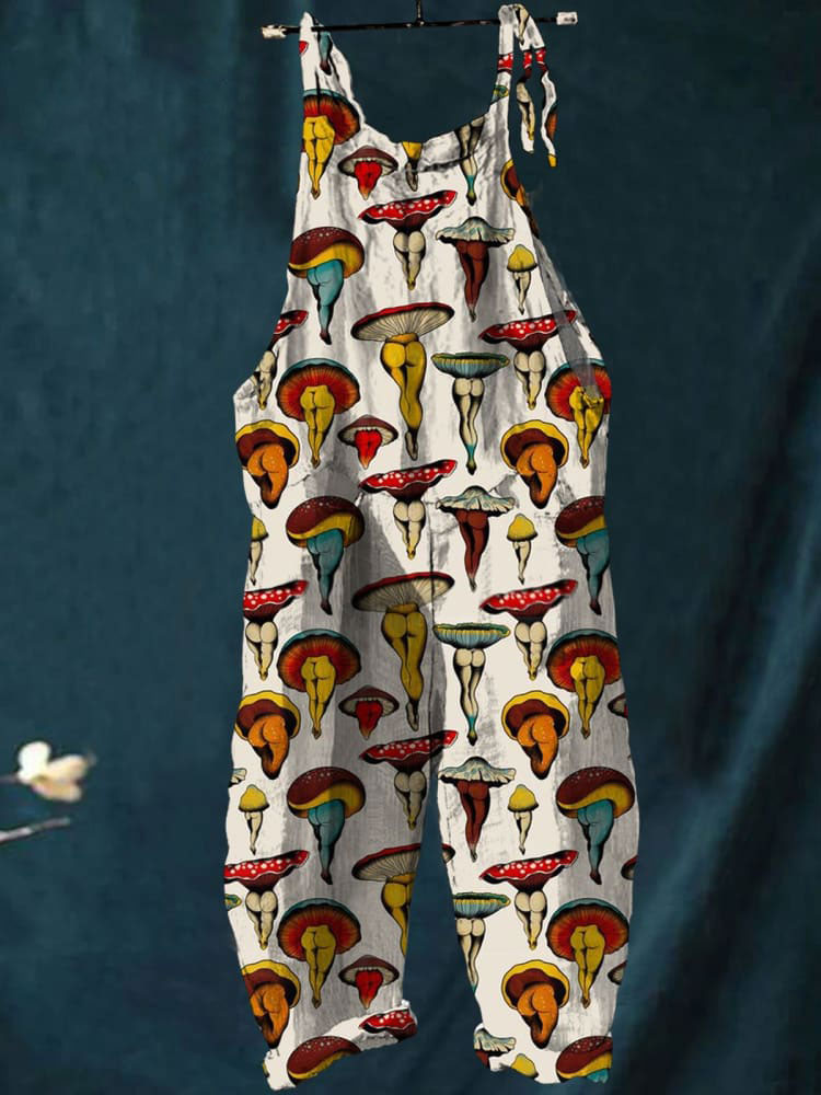 Women's Funny Retro Mushrom Art Print Colorful Art Casual Wide Leg Jumpsuit