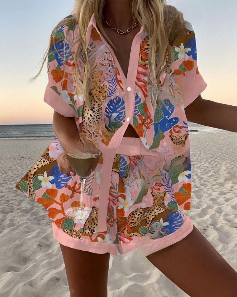 Cheetah And Plant Print Shirt & Shorts Two-Piece Set