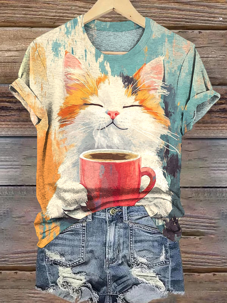 Pop Art Painting Cat Drinks Coffee Pattern T-shirt