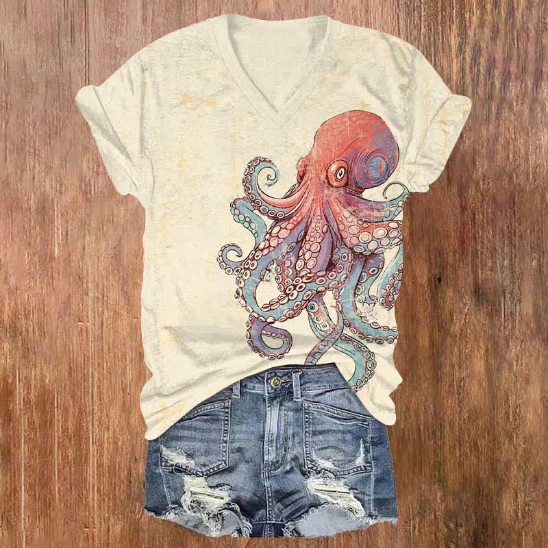 Japanese Funny Dazed Octopus Art Print V-neck T-shirt