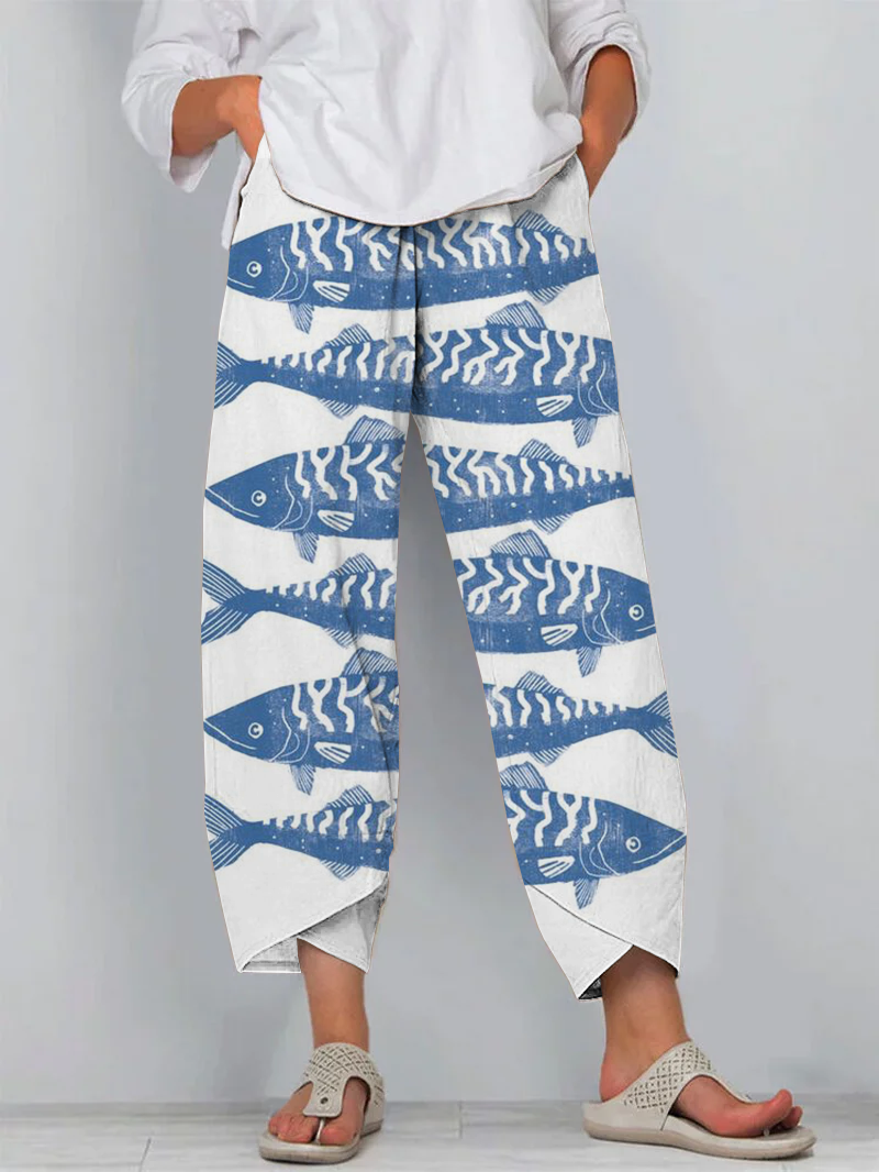 Japanese Blue Sardines Art Print Cropped Pants