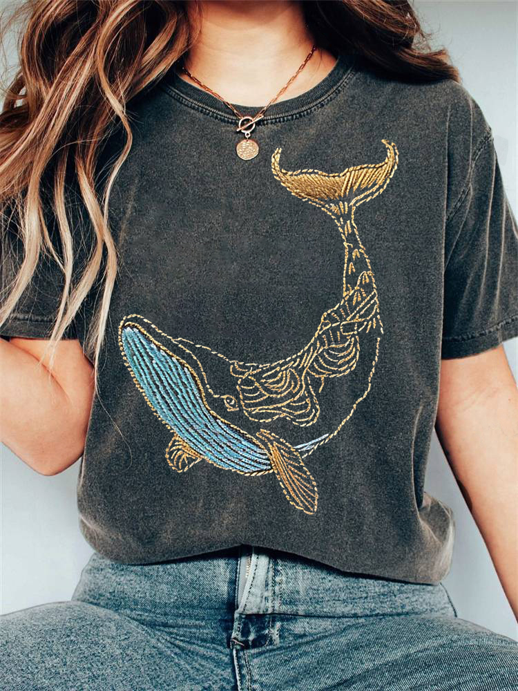 Whale Embroidery Pattern Casual Cotton T-Shirt