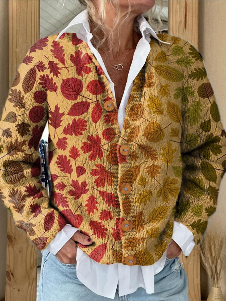 Gradient Fall Maple Leaf Pattern Printed Buttoned Cardigan Sweater