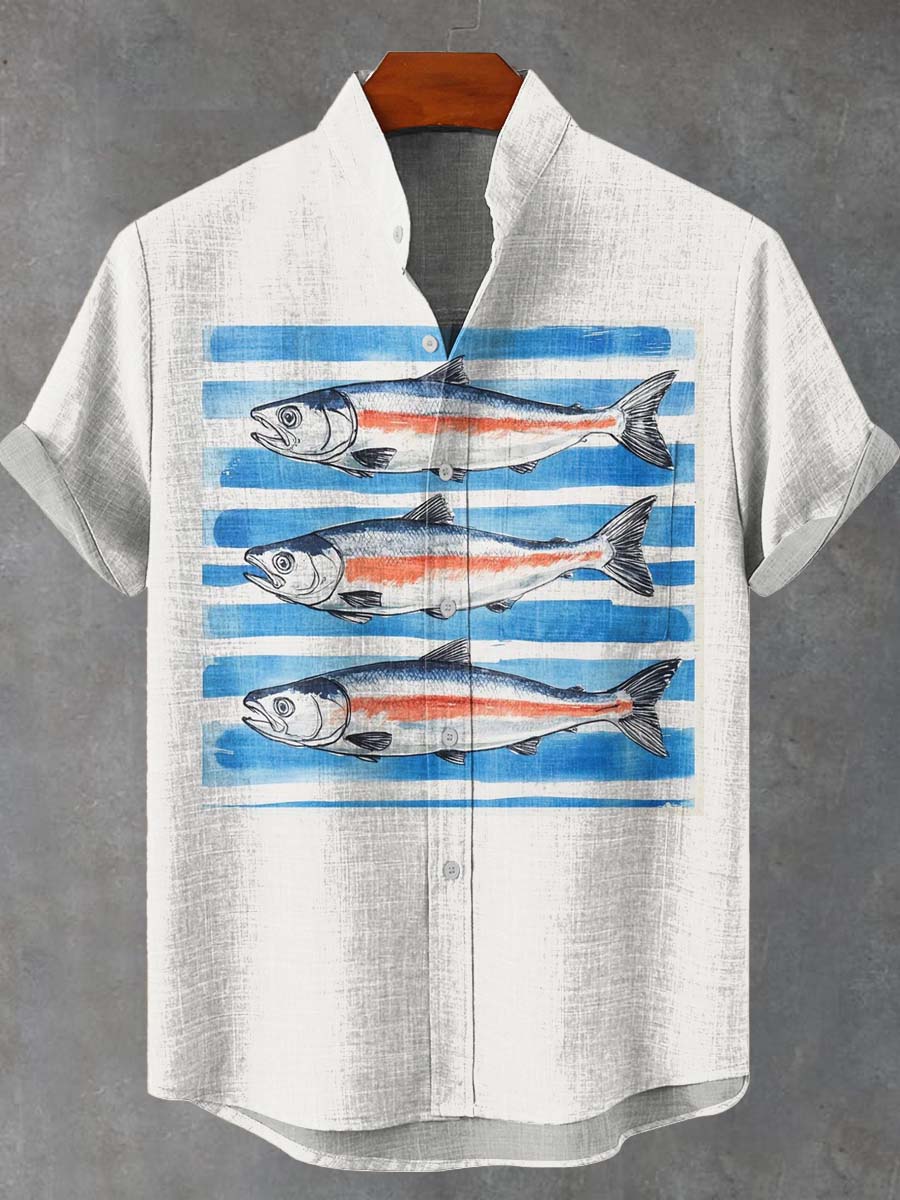 Blue Striped Fish Print Casual Shirt