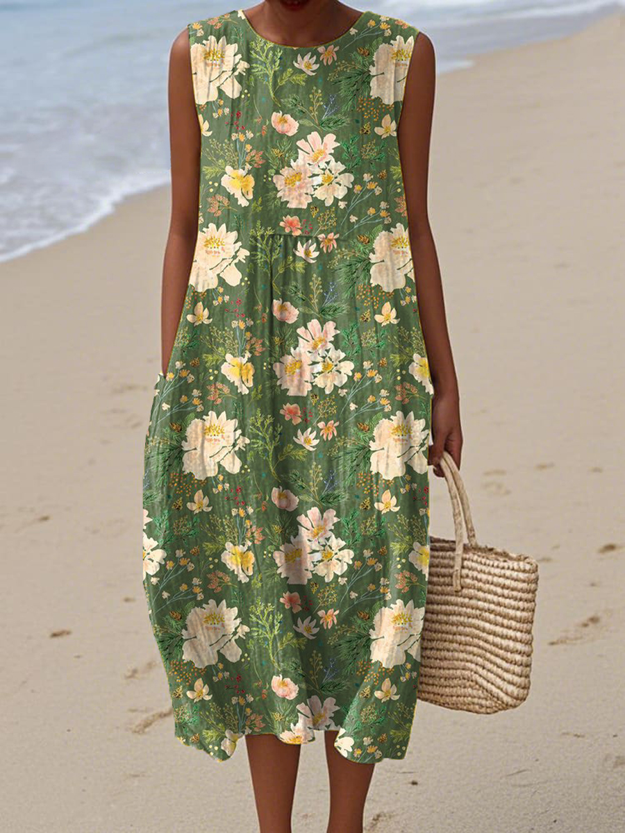 Women's Vintage Ethnic Floral Art Prints Sleeveless Cotton Pocket Wrap Dress